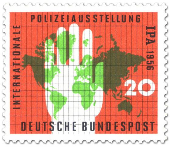 Briefmarke: Internationale Polizeiausstellung - Weltkarte und Hand 