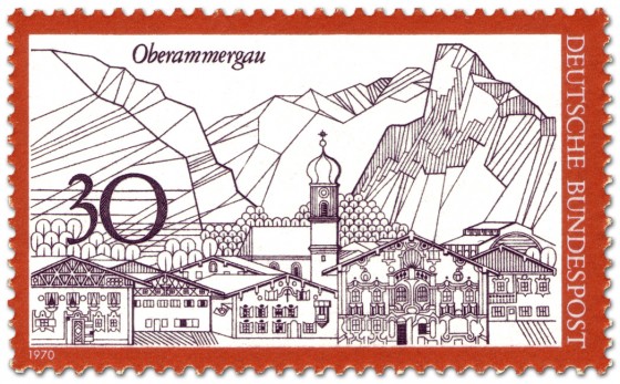 Briefmarke: Oberammergau (Stadtsilhouette und Berge)