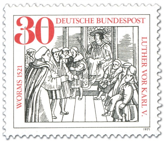 Briefmarke: Wormser Reichstag: Martin Luther vor Karl V.