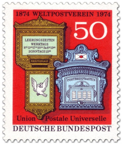 Briefmarke: 2 Postbriefkästen - 100 Jahre Weltpostverein